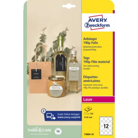 Cartellini micro-perforati Avery ultraresistenti in plastica 190µ tondi bordi lisci in conf. da 120 pz T3004-10